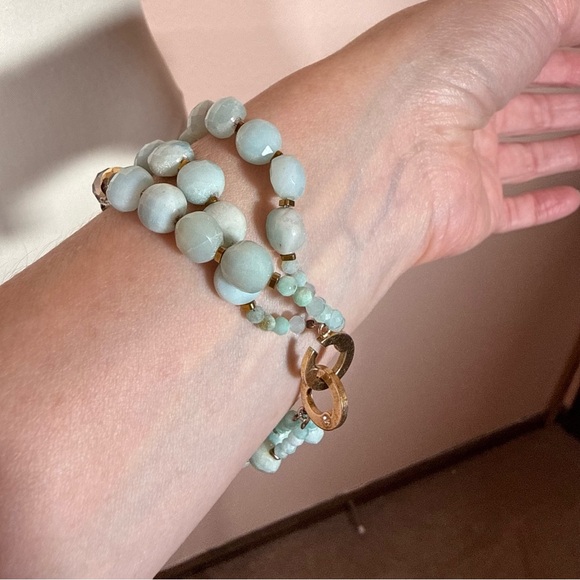 Estate aquamarine gemstone mermaidcore Gold plated Triple Strand bracelet - Picture 12 of 13